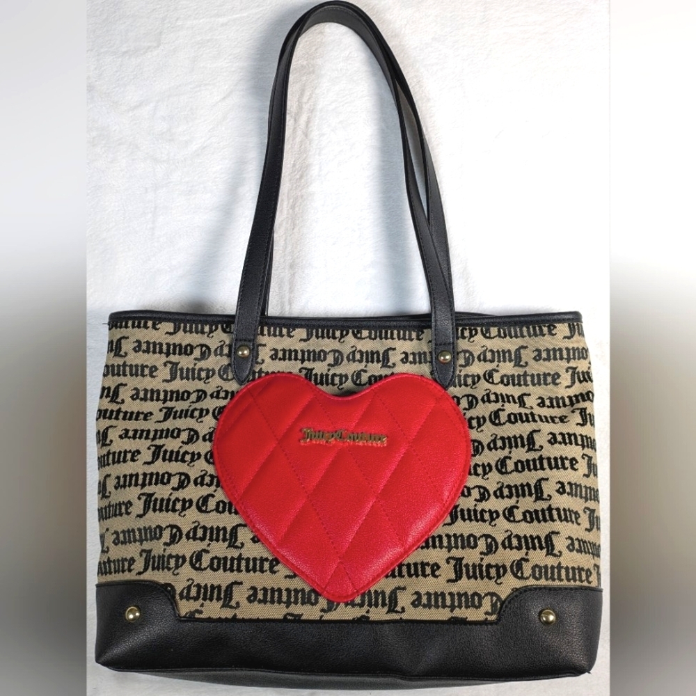 Vintage Y2K Black Label Juicy Couture  LA ♥️Red Heart Purse Black Goth Newsprint